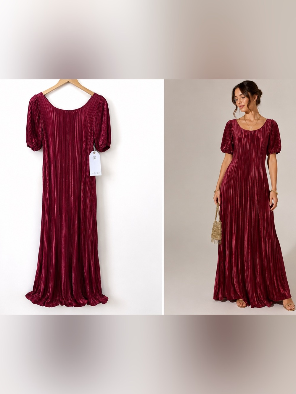 Taylor Jay NWT Burgundy Pleated Maxi Dress Made in USA L